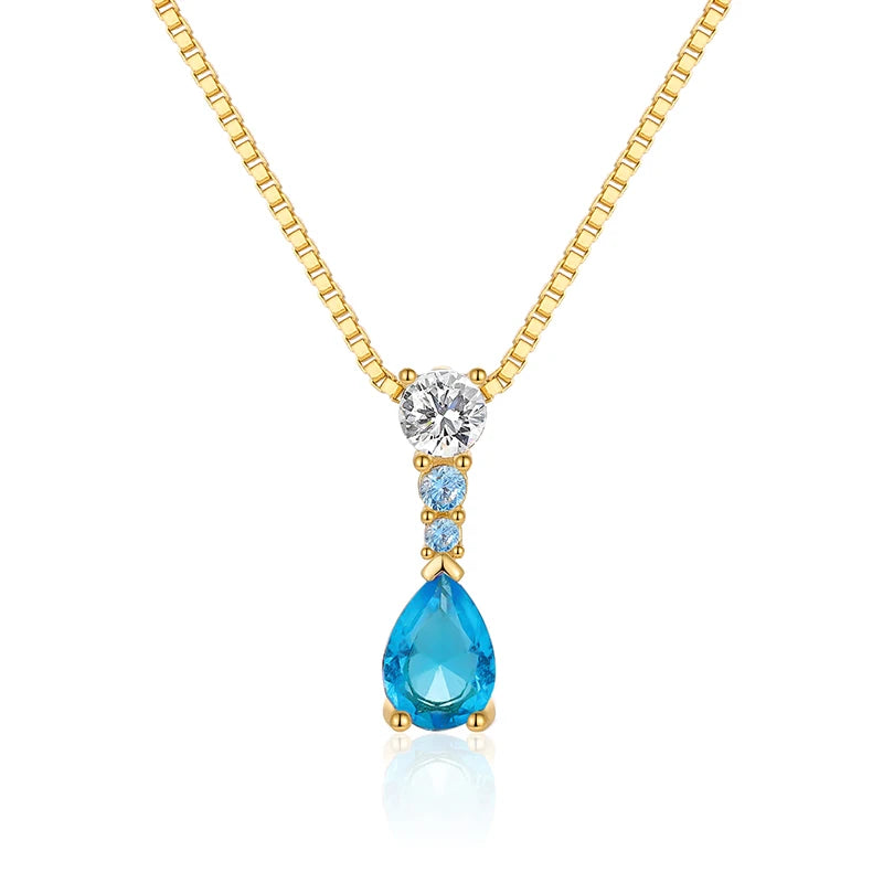 Valentine Gift 18K Gold Plated 925 Sterling Silver Blue Zirconia Waterdrop Pendant Necklace
