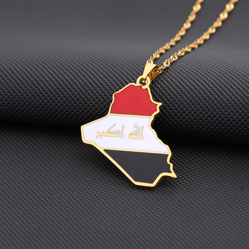 Gold Plated Stainless Steel Republic of Iraq Map Pendant Necklace