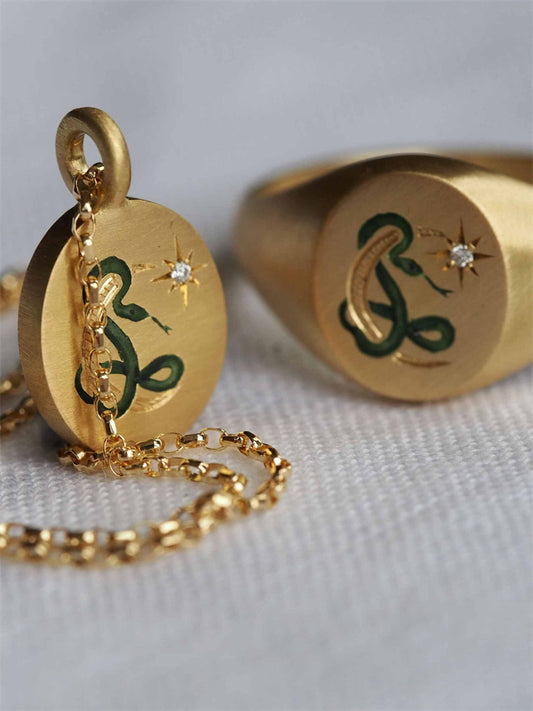 Stainless Steel Snake And Moon 18K Gold Plated Enamel Necklace