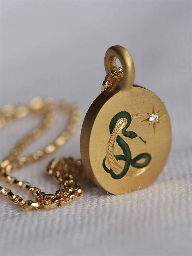 Stainless Steel Snake And Moon 18K Gold Plated Enamel Necklace