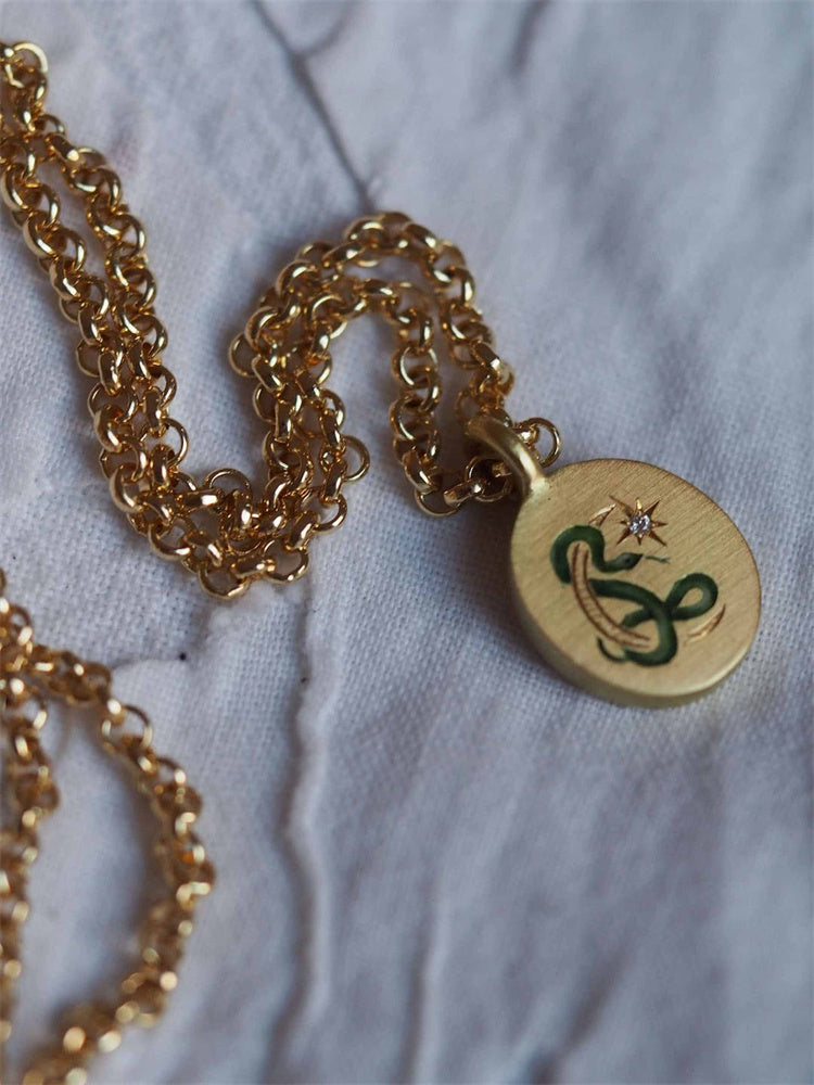 Stainless Steel Snake And Moon 18K Gold Plated Enamel Necklace