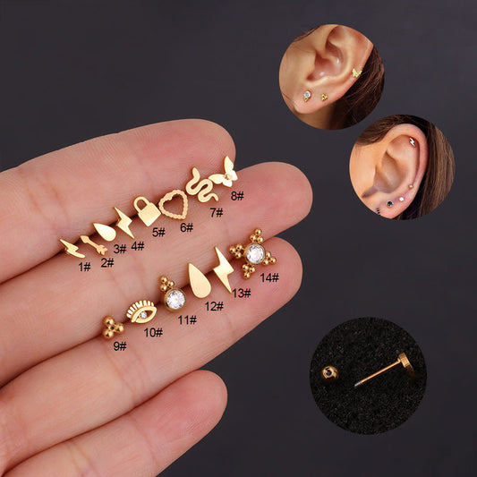 18K Gold Plated 316L Steel Lightning Snake Heart Small Stud Earrings For Women