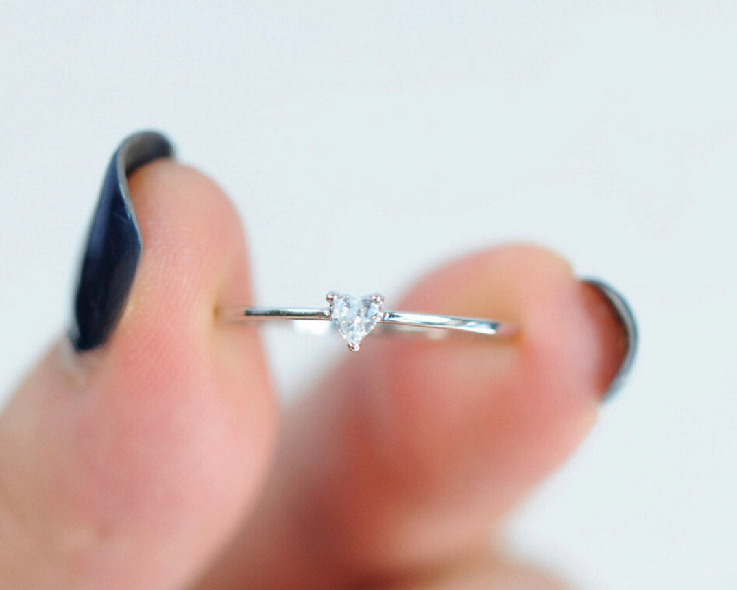 Female Minimalist Slender 925 Sterling Silver Zirconia Heart Thin Ring
