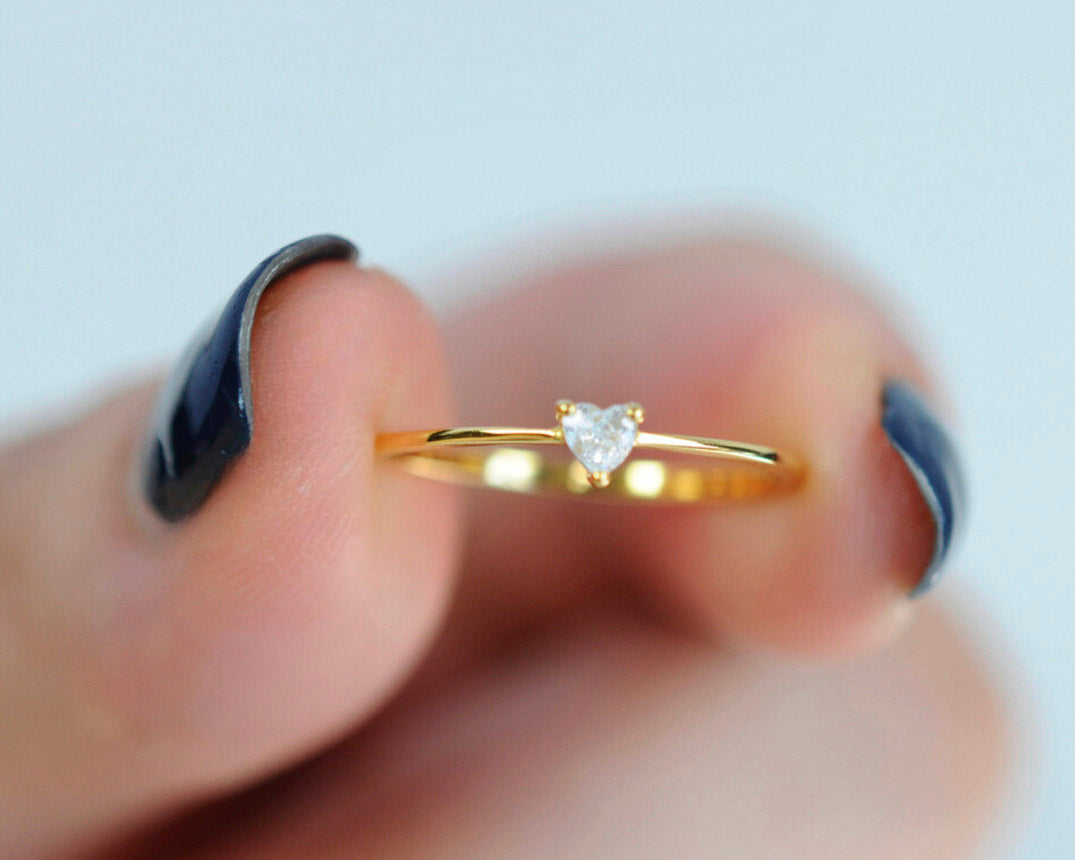 Female Minimalist Slender 925 Sterling Silver Zirconia Heart Thin Ring