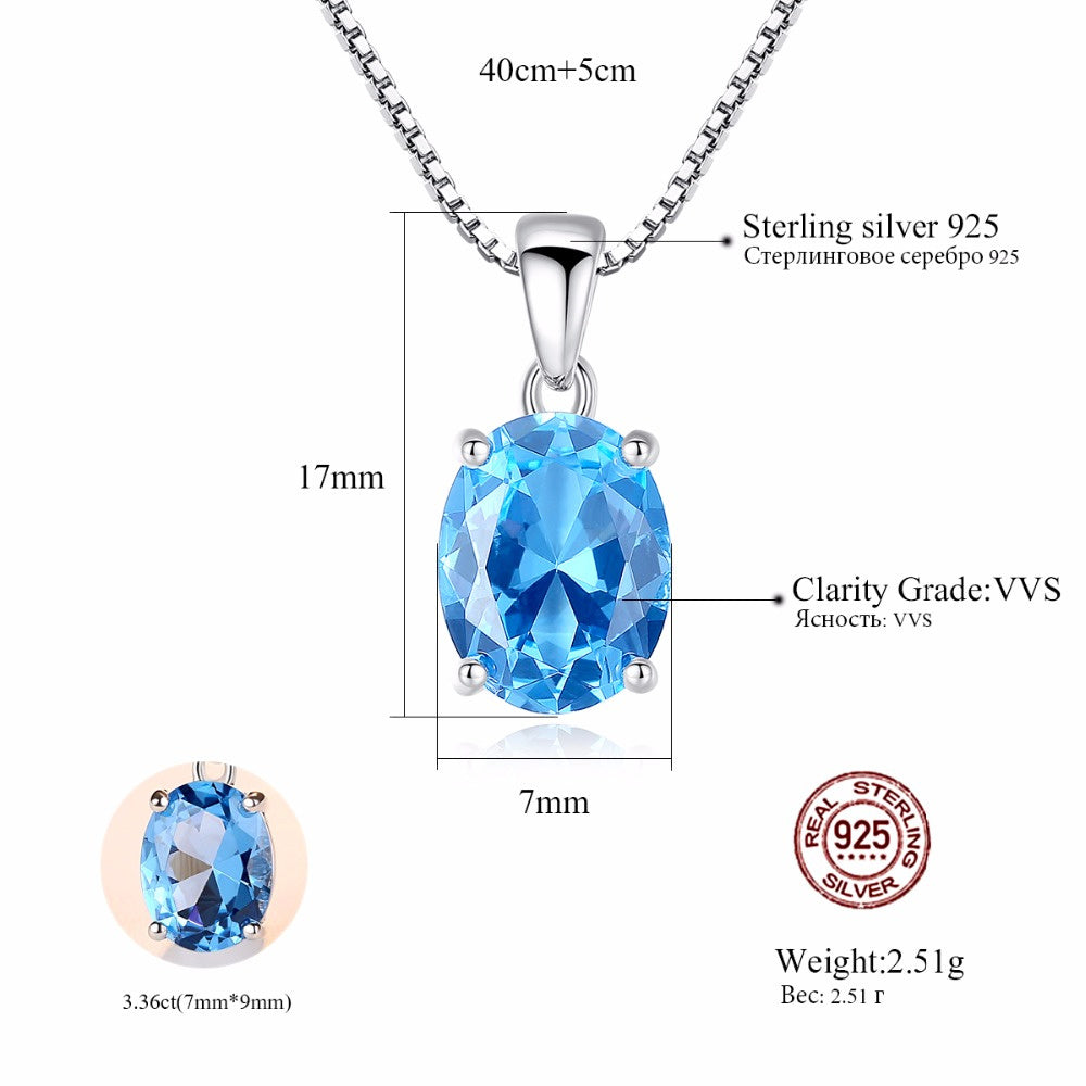 Luxury Jewelry Big Oval Blue Topaz Stone Pendant Sterling Silver Necklace