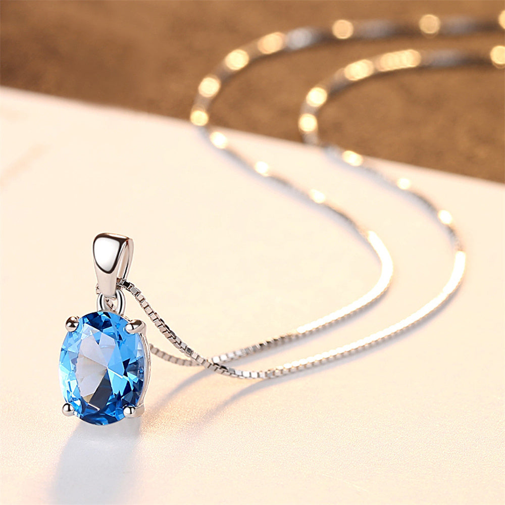 Luxury Jewelry Big Oval Blue Topaz Stone Pendant Sterling Silver Necklace