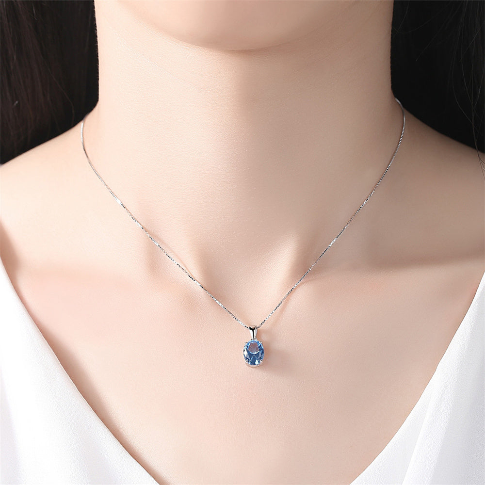 Luxury Jewelry Big Oval Blue Topaz Stone Pendant Sterling Silver Necklace