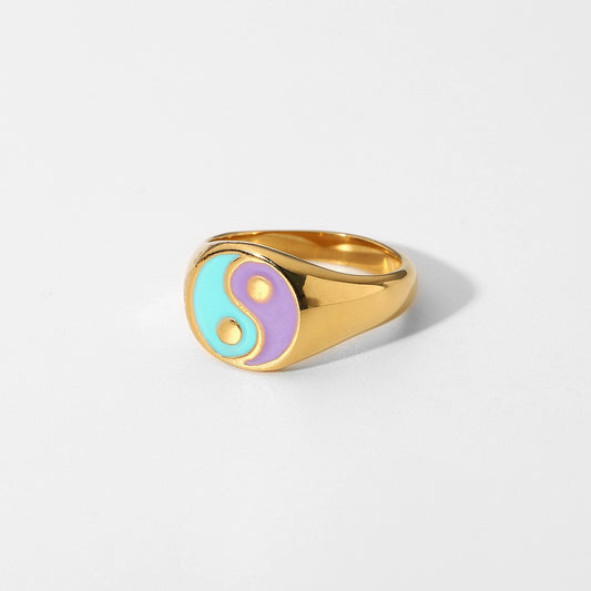 Vintage Double Colors Enamel Gold Plated S925 Silver Yin Yang Band Ring