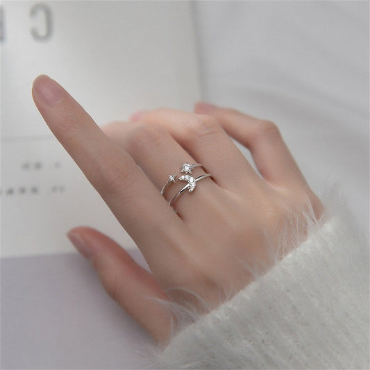 Double Layer Moon and Star Adjustable Zircon S925 Silver Fine Jewelry Ring